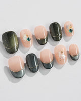 Woodland Sea in extra short oval shape with green cat-eye French tips and gold lines