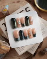 Woodland Sea in medium square shape with deep green cat-eye tips and shell glitter details