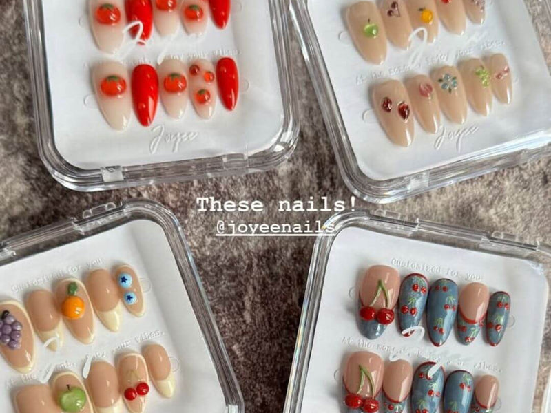 Full range of Joyee Nails handmade press-on nail designs showing all 2026 trending colors and styles