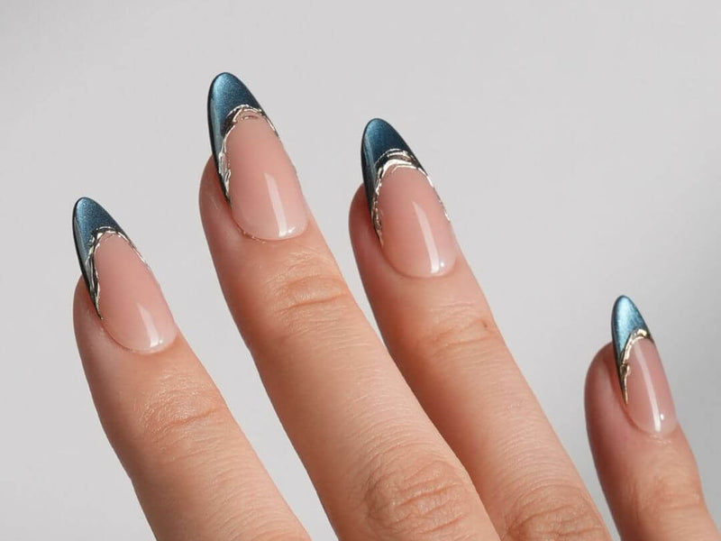 French tip press-on nails from Joyee Nails showing how French tip designs look on different nail shapes including almond and coffin