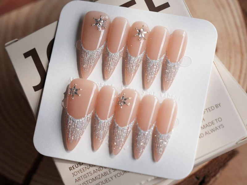 Long press-on nails from Joyee Nails showing both almond and coffin shapes at longer lengths for comparison