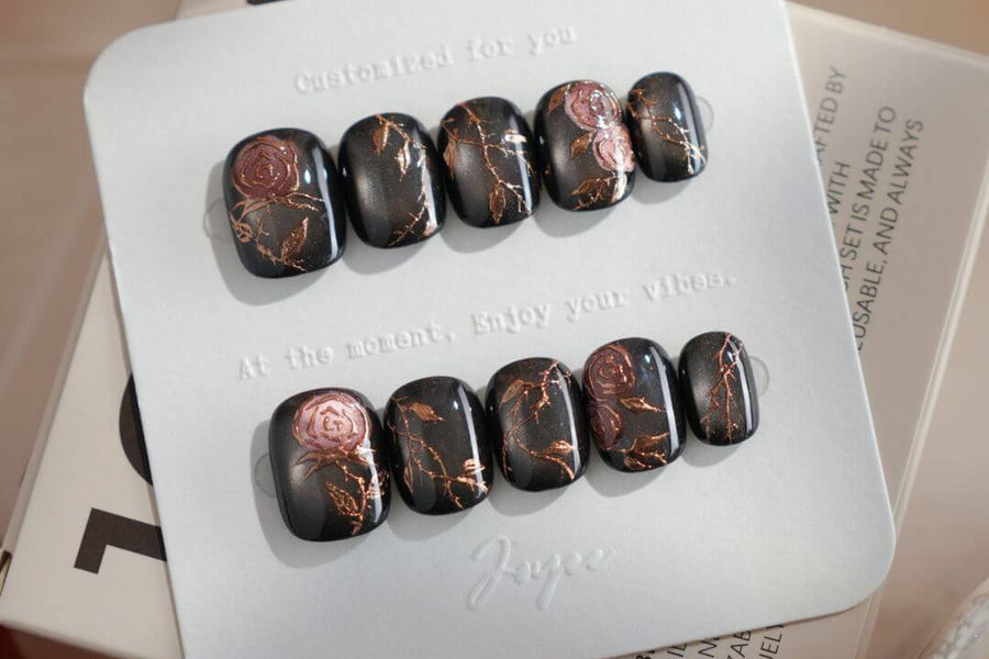 Squoval press-on nails combining square and oval styles by Joyee Nails