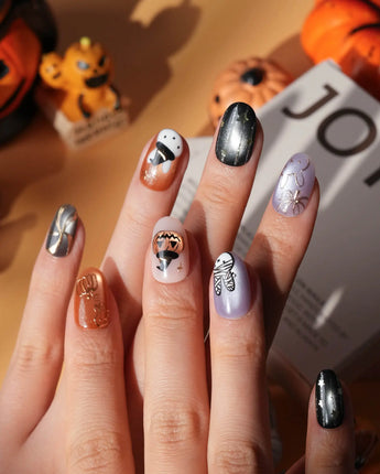 Costume Miffy Halloween press on nails with a bunny in witch hat, bat wings and mummy costume, 3D copper pumpkin and gold stars - image 1