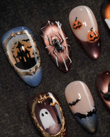Haunted Manor press on nails with a haunted house in a gold frame, a 3D spider on a web, ghost, witch hat and black cat on cat eye - image 1