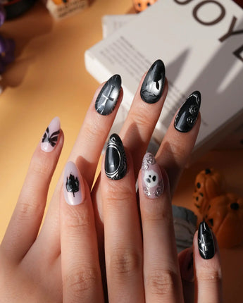 Gothic Dollhouse pink goth press on nails with a black candelabra, silver mirror, crosses, 3D gold roses and a skull on pink and black - image 2