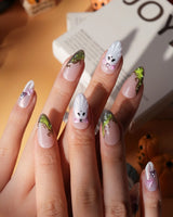 Fairy Ring press on nails with 3D pink and lime mushrooms, a glitter ghost with pink bow and lime green cat eye tips with gold vines - image 2