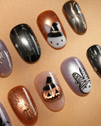 Costume Miffy Halloween press on nails with a bunny in witch hat, bat wings and mummy costume, 3D copper pumpkin and gold stars - image 2