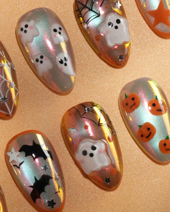 Candy Bucket press on nails with a 3D jack-o'-lantern, puffy 3D ghosts, bats and silver stars on an aurora finish with orange edges - image 2