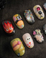 Cute Flame Elves press-on nails — cartoon mix design flame