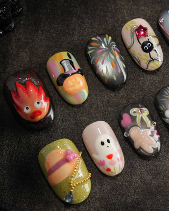 Cute Flame Elves press-on nails — cartoon mix design flame
