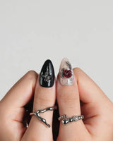 Dark Fairytale press-on nails — Black Red Gothic, 3D Rose Cross. handmade nail art by Joyee Nails