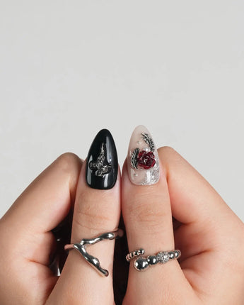 Dark Fairytale press-on nails — Black Red Gothic, 3D Rose Cross. handmade nail art by Joyee Nails