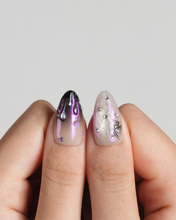 Luminous Spider press-on nails — nude base purple chrome
