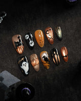 Nevermore press on nails with a black cat on a 3D copper pumpkin, a raven on a branch under an amber moon, ghosts and bats - image 3