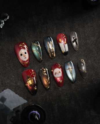 Séance gothic press on nails with a mask, dripping candles, lantern, skull and dagger on jewel tone cat eye with gold studs - image 3