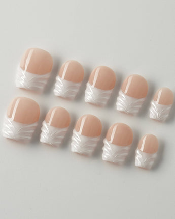 White French Tip Nails - 3D Classic extra short coffin nails with transparent gel accents