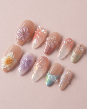 Wonderland Whims nail art close-up showing Soft Pastel, 3D Sculpted Flowers & Pearls. details