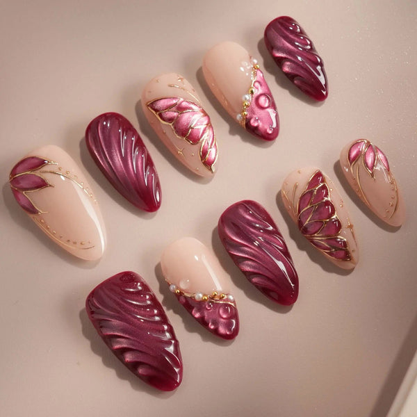 3D red butterfly wing press-on nails