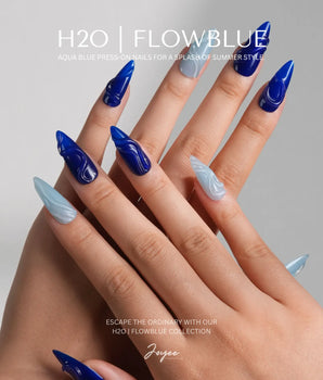 Majorelle Blue handmade press-on nails featuring Silver-White, Dusty Blue, 3D Shells & Pearls.