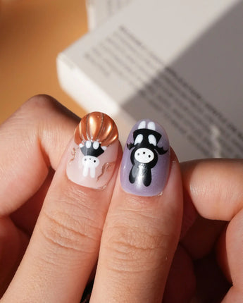 Costume Miffy Halloween press on nails with a bunny in witch hat, bat wings and mummy costume, 3D copper pumpkin and gold stars - image 5