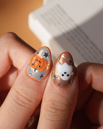 Candy Bucket press on nails with a 3D jack-o'-lantern, puffy 3D ghosts, bats and silver stars on an aurora finish with orange edges - image 5