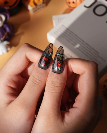 Cathedral Rose gothic press on nails with red glitter roses, hearts and mint leaves in black stained glass lines on a smoky sheer base - image 5