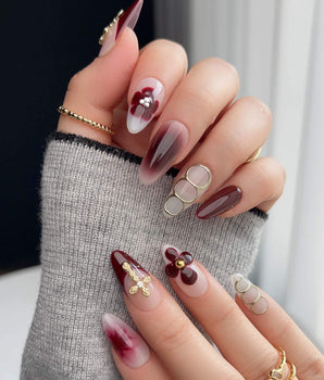 Tip Burgundy Nails handmade press-on nails featuring Burgundy & Milky White, 3D Cross & Floral.