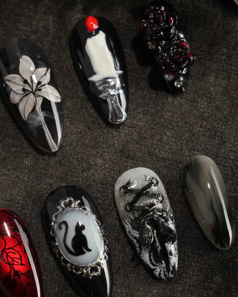 Dark Fairytale press-on nails — Black Red Gothic, 3D Rose Cross. handmade nail art by Joyee Nails