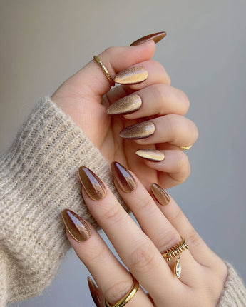 Light Brown Color Cat-eye Nails press-on nail set — light brown cat eye design, hand-painted with real gel polish