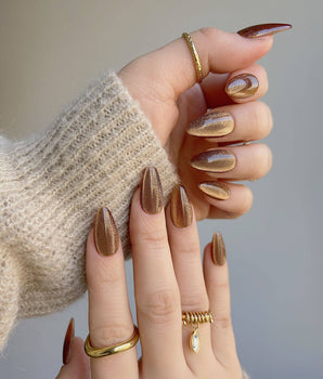 Light Brown Color Cat-eye Nails with soft taupe brown shimmer and glossy magnetic finish