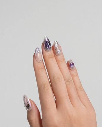 Luminous Spider nails — nude base purple chrome by Joyee Nails