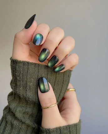 Forest Green Chase press-on nail set — Forest green cat eye design, hand-painted with real gel polish