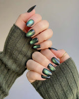 Forest Green Chase handmade press-on nails featuring Forest green cat eye