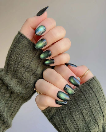 Forest Green Chase handmade press-on nails featuring Forest green cat eye