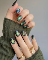 Forest Green Chase nail art close-up showing Forest green cat eye details