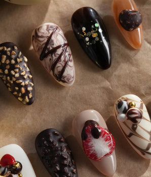 Chocolate Box handmade press-on nails featuring Realistic choc, 3D dessert style