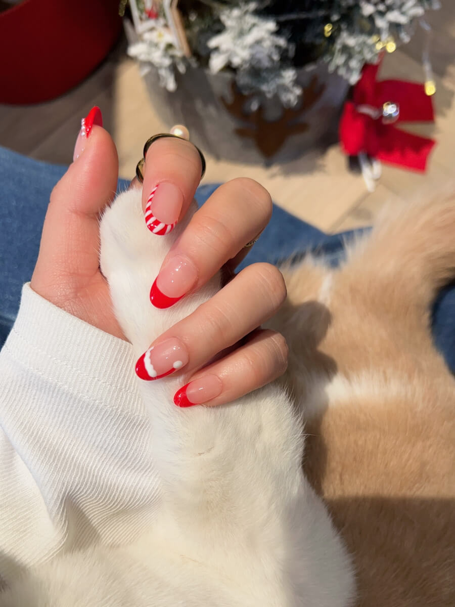 Handmade- Red Christamas nails short oval Santa Hat Press On Nail Set