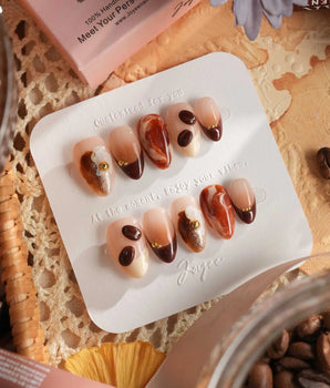 Latte Coffee press-on nails with rich coffee brown marble, 3D coffee beans and milk foam accents