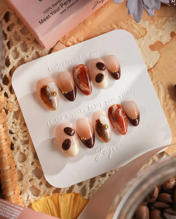 Latte Coffee handmade press-on nails featuring Rich Coffee Brown Marble, 3D Coffee Beans & Milk Foam Accents