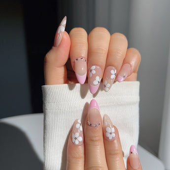 Sakura Fall press-on nail set — Pink French, White Floral. design, hand-painted with real gel polish