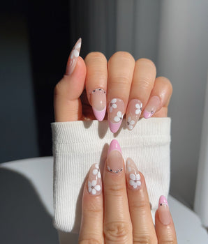 Sakura Fall press-on nail set — Pink French, White Floral. design, hand-painted with real gel polish