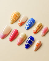 Candy Pop Colored press-on nail set — gradient multicolor abstract gloss nails design, hand-painted with real gel polish