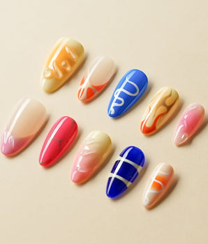 Candy Pop Colored press-on nail set — gradient multicolor abstract gloss nails design, hand-painted with real gel polish