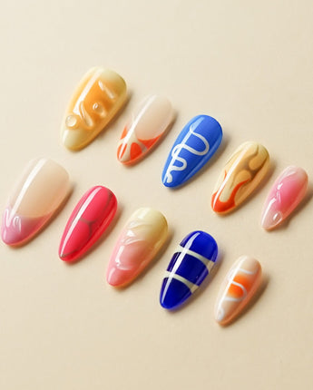 Candy Pop Colored press-on nail set — gradient multicolor abstract gloss nails design, hand-painted with real gel polish
