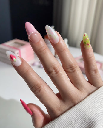 Haru Picnic Set garden party nails with glossy strawberries and floral accents