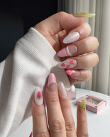 Haru Picnic Set handmade nails with picnic strawberries, flowers, and soft glossy finish