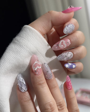 Charming Glam Usagi close-up of co-created cute nail art on glossy handmade press-ons