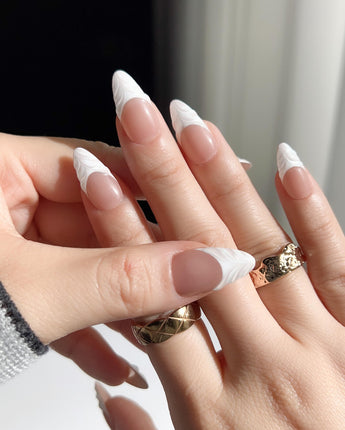 White French Tip Nails - 3D Classic short almond nails with clean white French edges