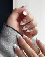 White French Tip Nails - 3D Classic short almond press-ons with sculpted clear gel tips