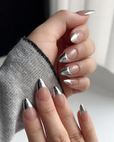 Silver Sleek short almond press-on nails with mirror chrome French tips